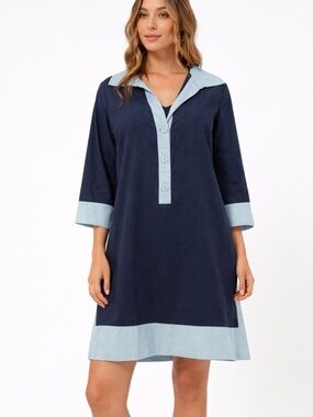 Abbey Glass Navy Blue Cotton Blend Contrast Trim Collared Shift Dress